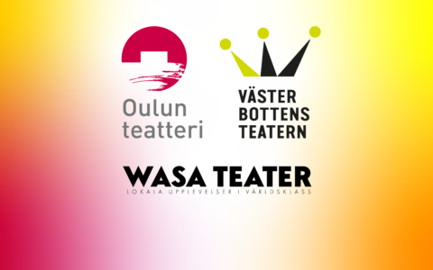Oulun teatterin, Wasa teaterin ja Västerbottensteaternin logot värikkäällä taustalla