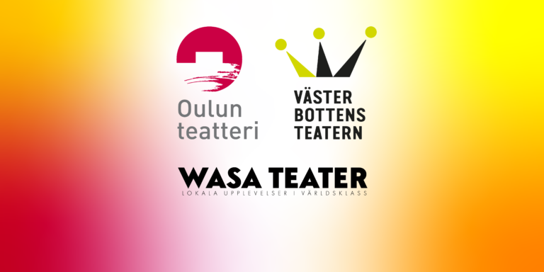 Oulun teatterin, Wasa teaterin ja Västerbottensteaternin logot värikkäällä taustalla